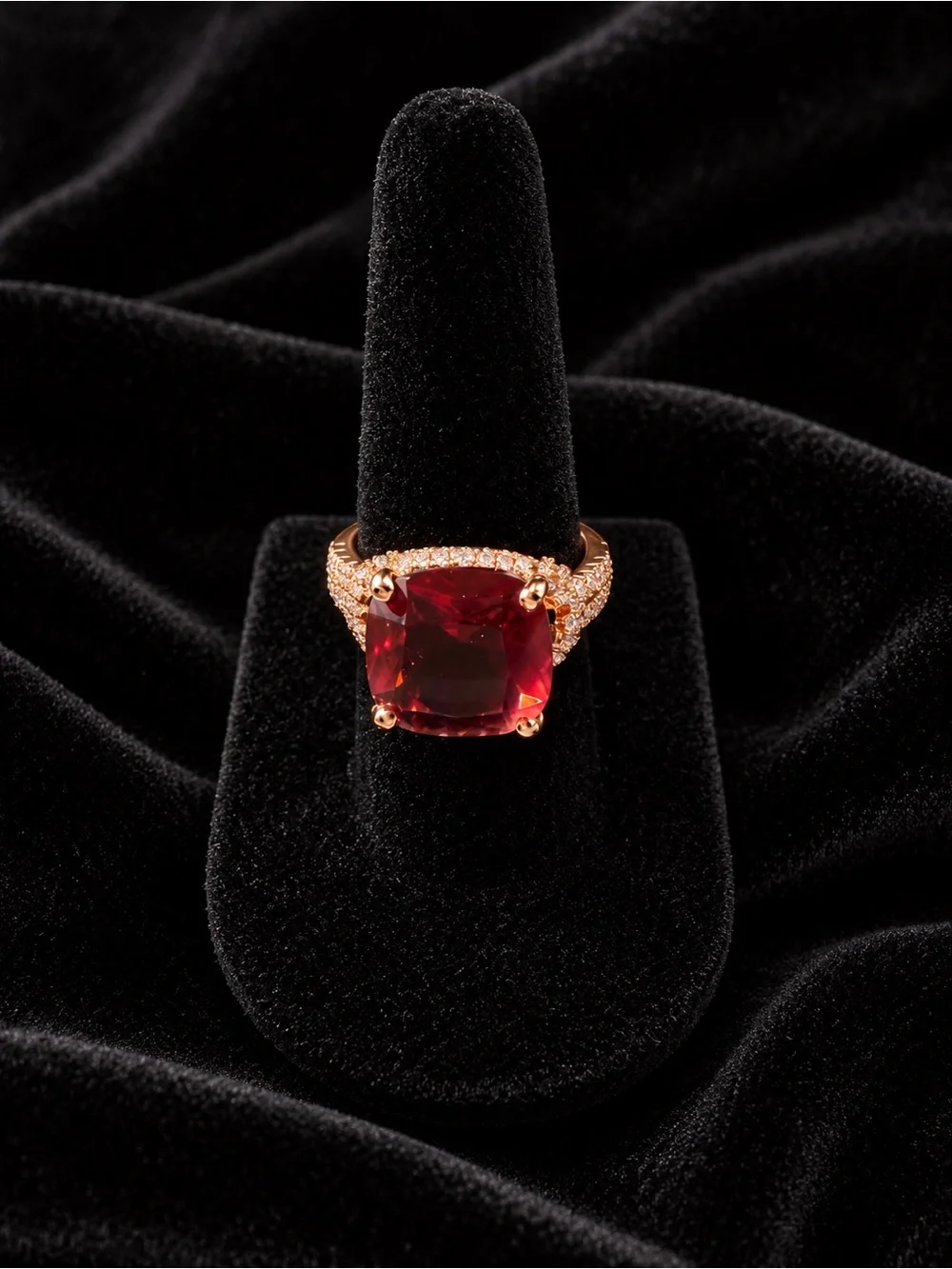 Rose Gold Ring with a Large Red Stone and Tiny Clear Stones Size 6